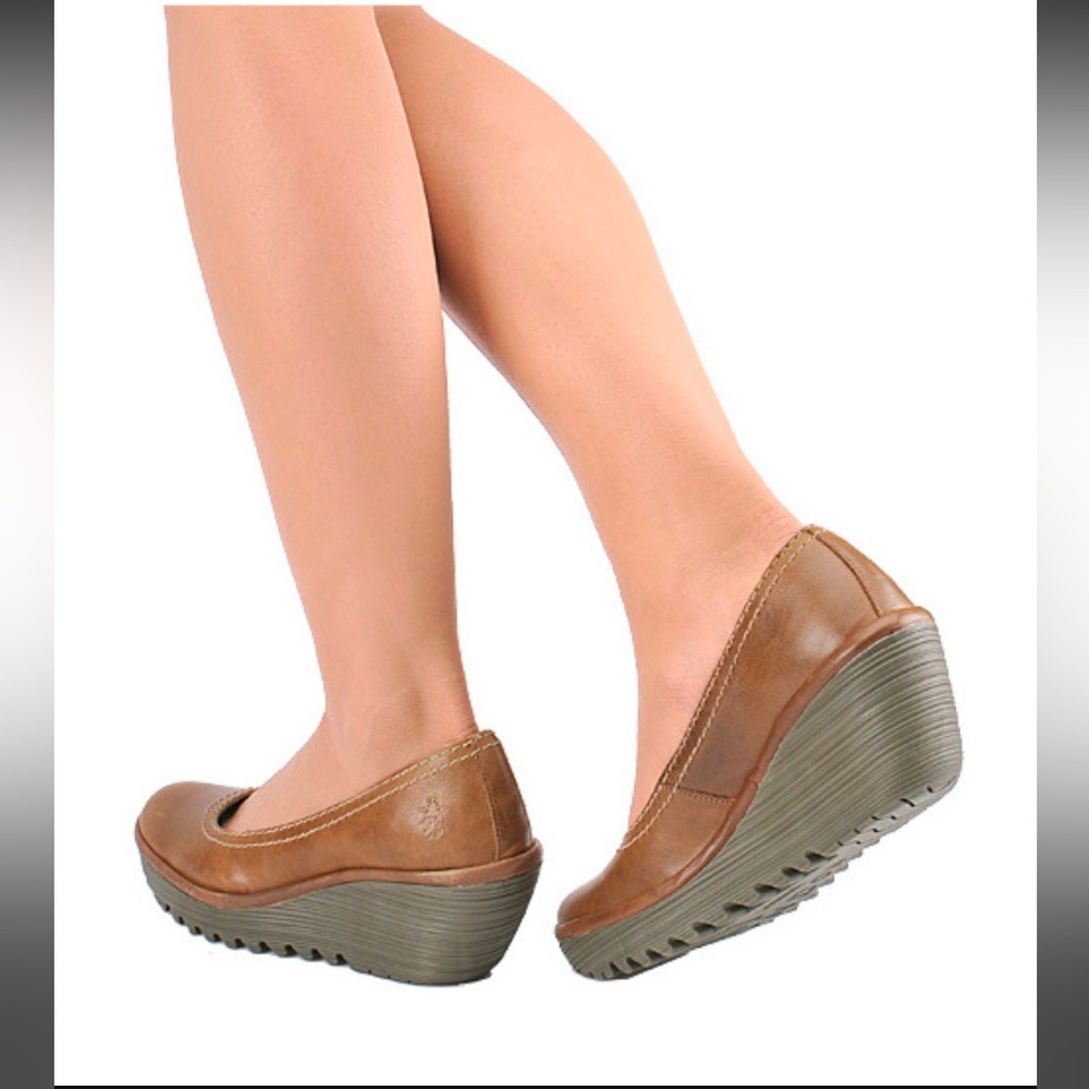 Fly London Brown Leather Wedge Pumps